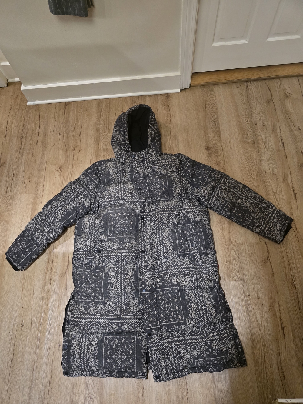 Levi's Black and White Paisley Quilted Long Puffer Jacket with Hood